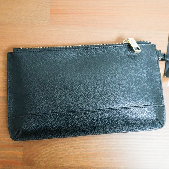 Karl Lagerfeld Paris Double Zip Wallet Wristlet Clutch Black Leather - Picture 4 of 6